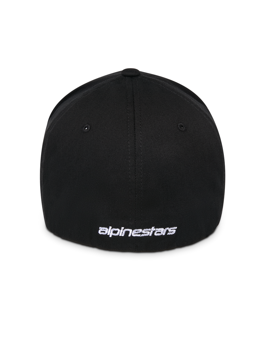 Alpinestars Corp Shift Multi Hat, Black, Rear view featuring white flat embroidered logo at the base, flex back stretch-fit construction, casual motorsport-inspired headwear