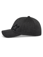 Alpinestars Corp Shift Multi Hat, Baseball Cap, Dark Grey Heather, side profile featuring black 3D Astars star logo, curved bill, structured crown, stretch twill fabric, casual motorsport-inspired headwear