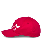 Alpinestars Corp Shift Multi Hat, Red baseball-style cap, side profile view showing white 3D Astars logo, curved bill and structured crown, casual motorsport headwear