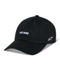 Alpinestars Deduce Strapback Hat, Black Baseball Cap with Curved Bill, White ASTARS Front Embroidery and Side Star Logo, Unstructured Low Crown, Cotton Twill Fabric