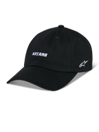 Alpinestars Deduce Strapback Hat, Black Baseball Cap with Curved Bill, White ASTARS Front Embroidery and Side Star Logo, Unstructured Low Crown, Cotton Twill Fabric