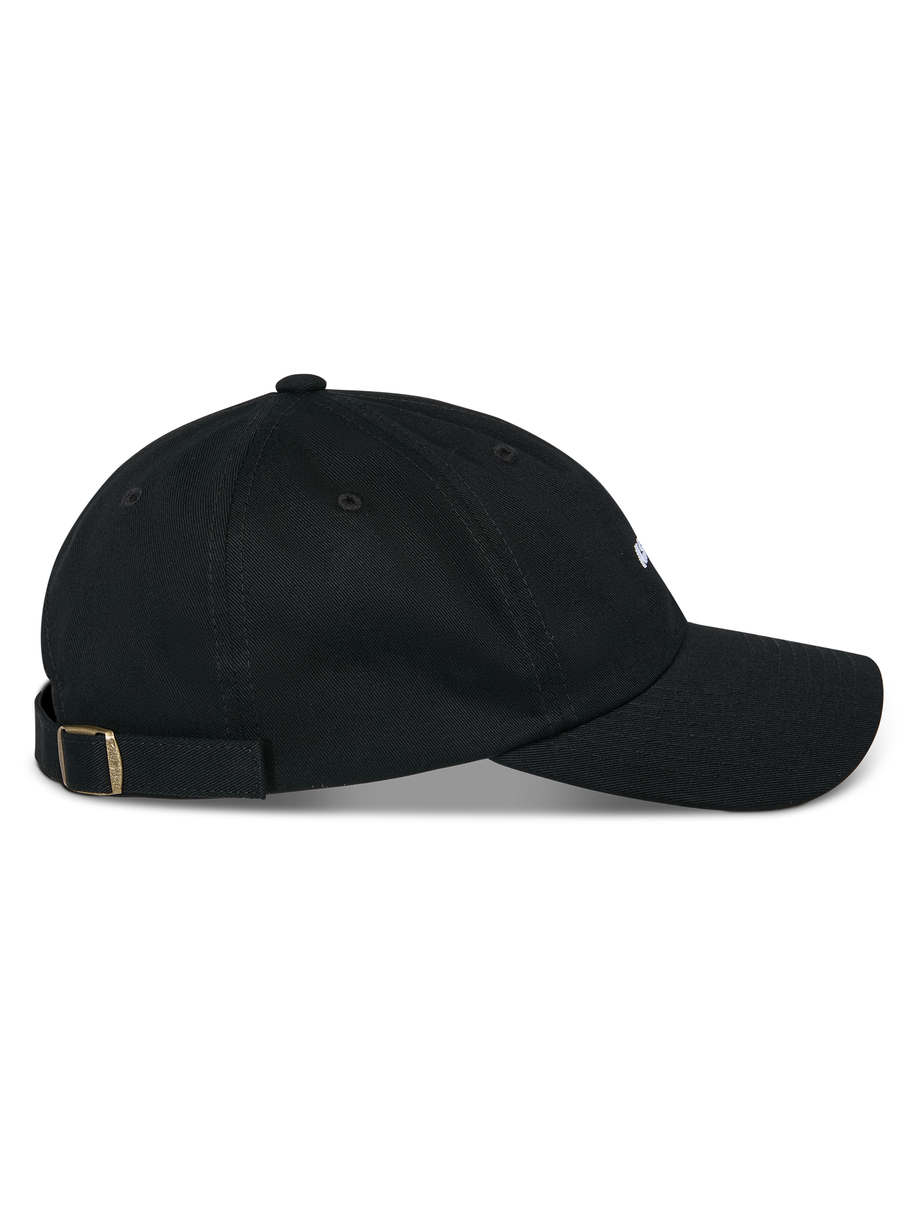 Alpinestars Deduce Strapback Hat, Black, side profile view, curved bill with unstructured low crown, cotton twill fabric, adjustable strapback closure with metal buckle, casual motorsport-inspired headwear