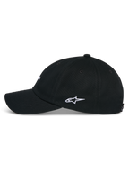 Alpinestars Deduce Strapback Hat, Black, side profile view showing curved bill and white Astars side logo embroidery, casual cotton twill headwear
