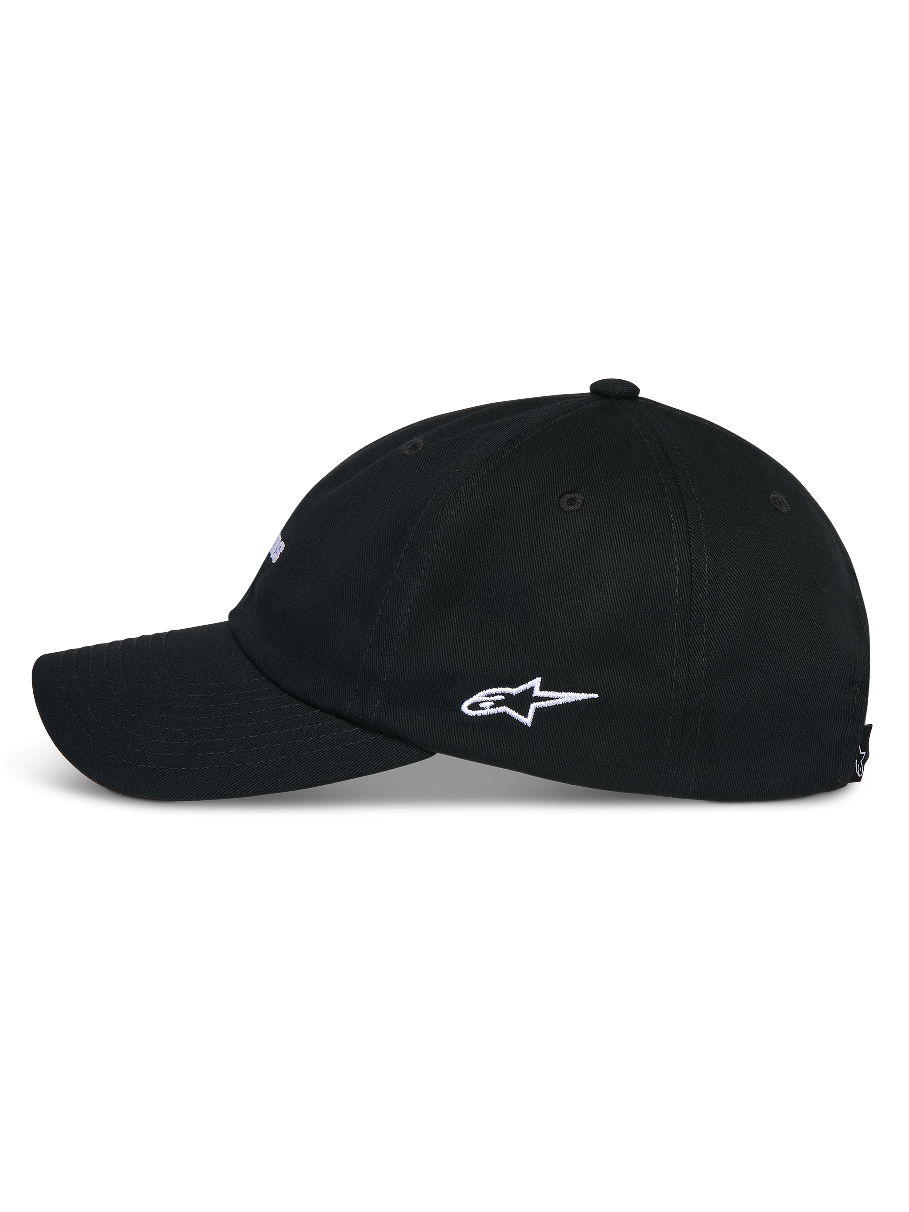 Alpinestars Deduce Strapback Hat, Black, side profile view showing curved bill and white Astars side logo embroidery, casual cotton twill headwear