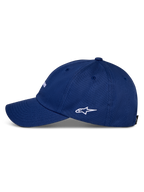 Alpinestars Deduce Strapback Hat, Blue, side profile view featuring curved bill and white embroidered Astars logo, cotton twill construction, casual sportswear