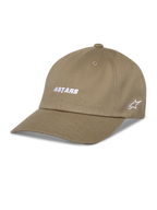 Alpinestars Deduce Strapback Hat, Khaki Baseball Cap, White ASTARS embroidery on front and side star logo, Curved Bill, Cotton Twill, Casual Sportswear