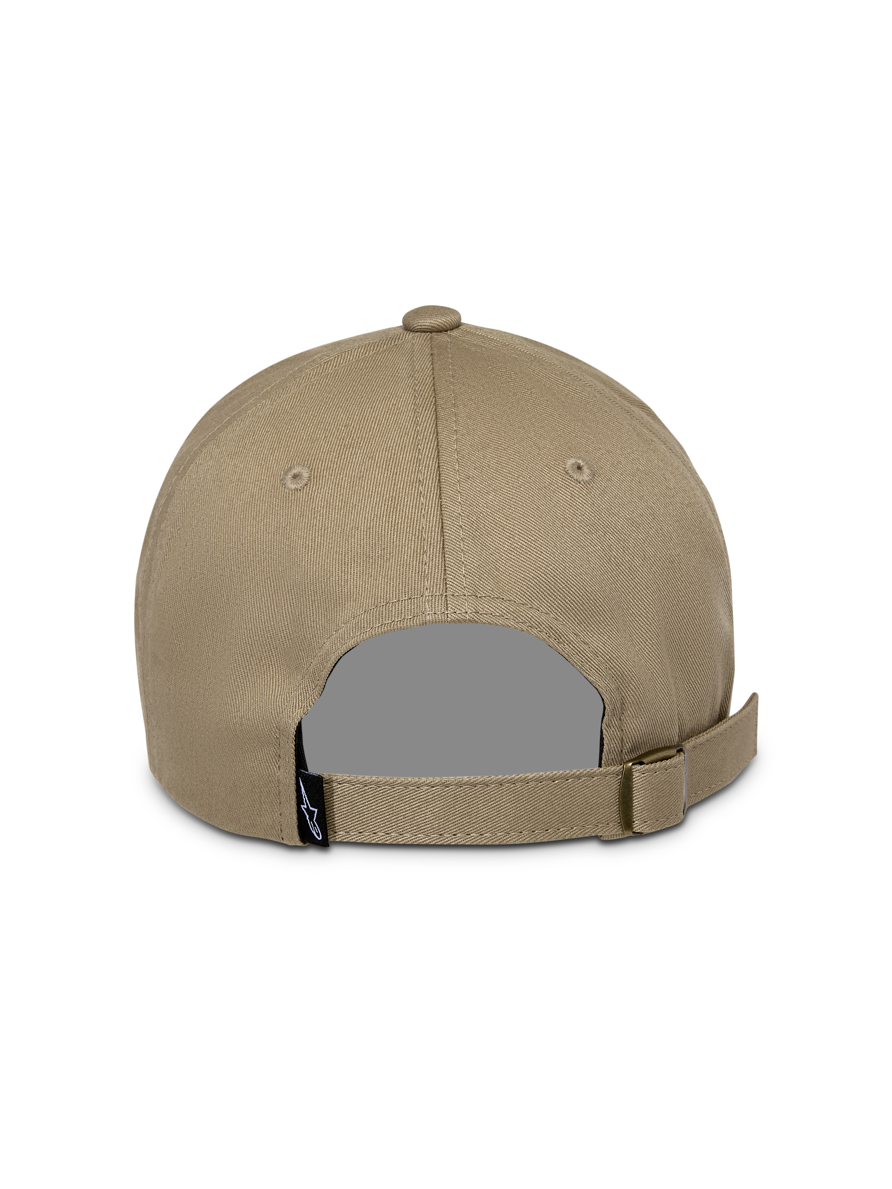 Alpinestars Deduce Strapback Hat, Khaki, back view with adjustable strap and metal buckle, featuring a small black logo tag, casual cotton twill headwear