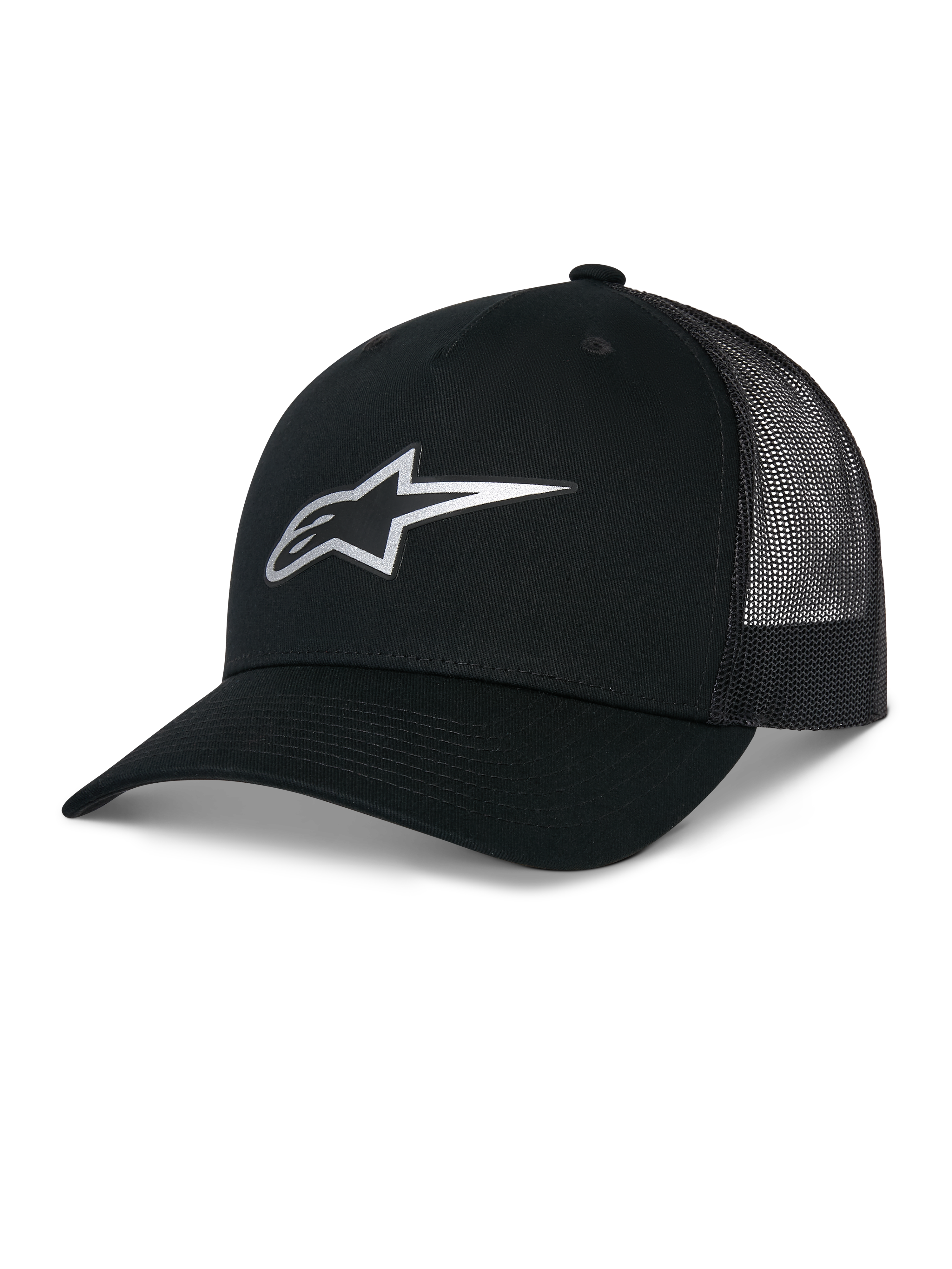 Alpinestars Reflect Ageless Trucker Hat, Black, featuring a reflective silver Astars logo on the front, curved brim and mesh back panels, structured crown, casual motorsport headwear