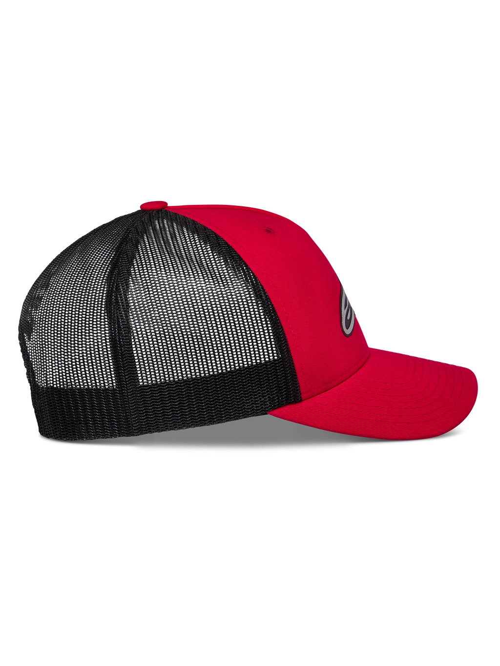 Alpinestars Reflect Ageless Trucker Hat, Red and Black, side profile view, red twill front and curved bill, black poly mesh back, structured crown, casual motorsport-inspired headwear