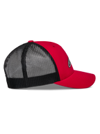 Alpinestars Reflect Ageless Trucker Hat, Red and Black, side profile view, red twill front and curved bill, black poly mesh back, structured crown, casual motorsport-inspired headwear
