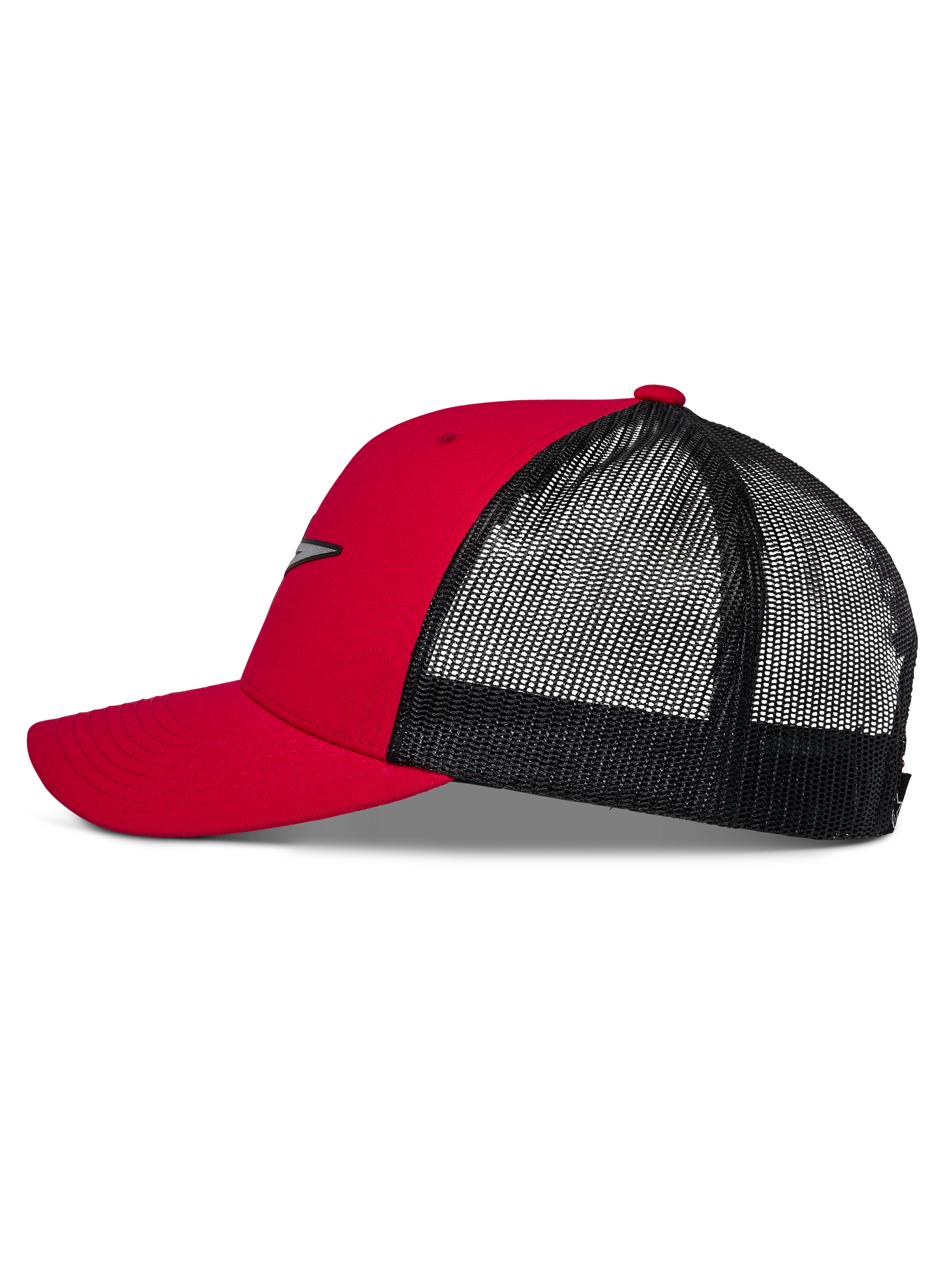 Alpinestars Reflect Ageless Trucker Hat, Red and Black, side profile showing curved bill, structured red crown, and black mesh back, casual motorsport-inspired headwear