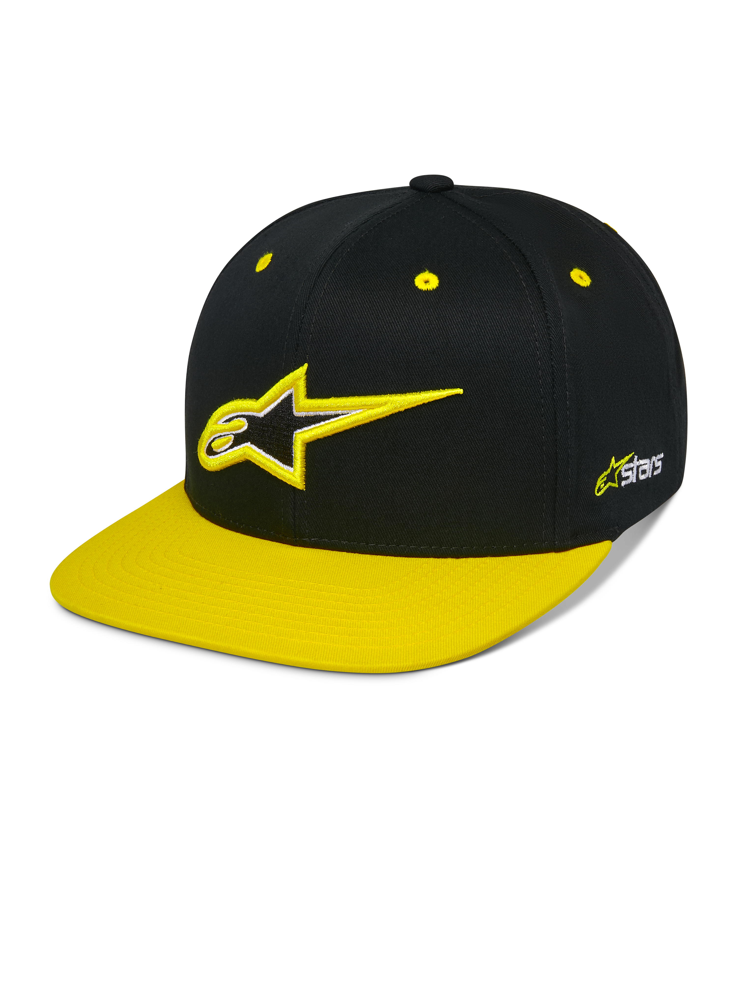 Alpinestars Thickness Snapback Hat, Black and Hi-Vis Yellow Snapback Cap, Structured Crown with 3D Embroidered Astars Logo, Flat Yellow Brim, Yellow Eyelets, Casual Motorsport Headwear