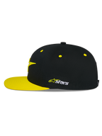 Alpinestars Thickness Snapback Hat, Black and Hi-Vis Yellow, side profile, structured crown with yellow eyelets and flat yellow bill, embroidered Astars logo on the side, casual motorsport headwear