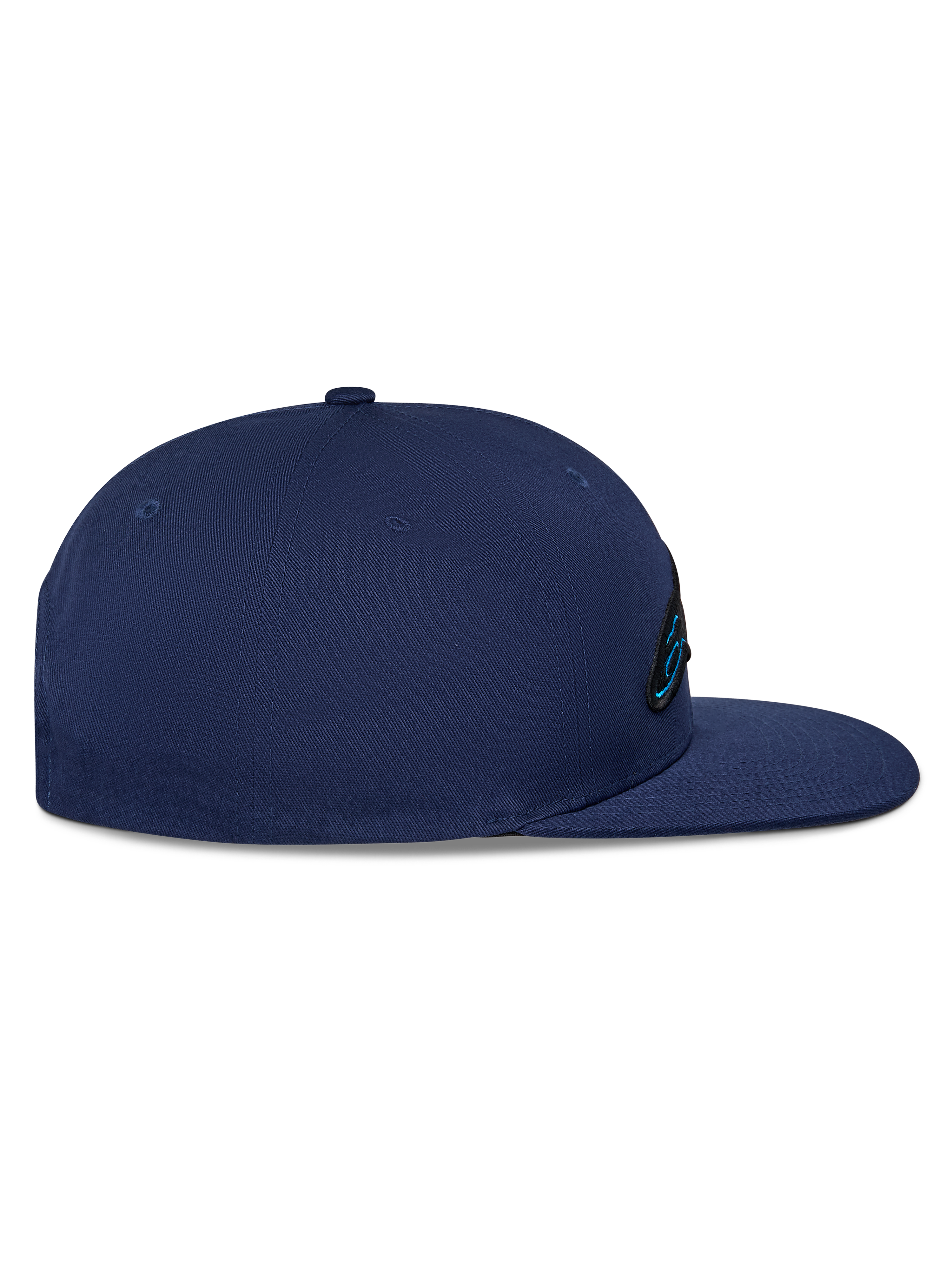 Alpinestars Thickness Snapback Hat, Navy Blue cap, side profile view, structured crown with flat bill, cotton twill fabric, embroidered logo detail on the front, casual motorsport headwear