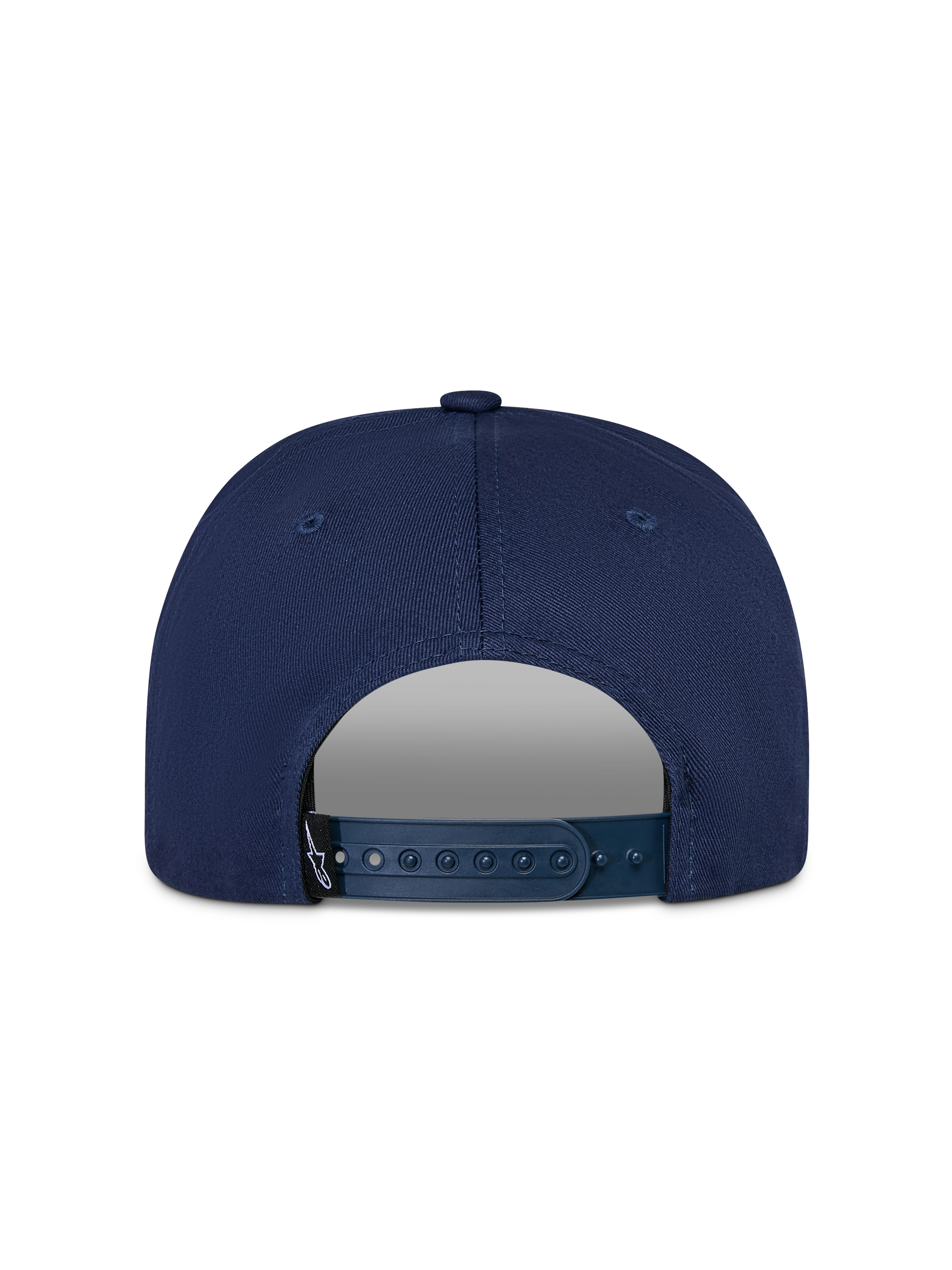 Alpinestars Thickness Snapback Hat, Navy Blue, Rear view featuring adjustable snapback closure and small black Astars logo tag, structured cotton twill construction