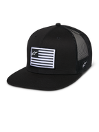 Alpinestars Flag Flat Trucker Hat, Black, flat bill with structured crown, breathable black mesh back, rectangular front patch with horizontal stripes and star logo, side embroidery, casual motorsport-inspired design