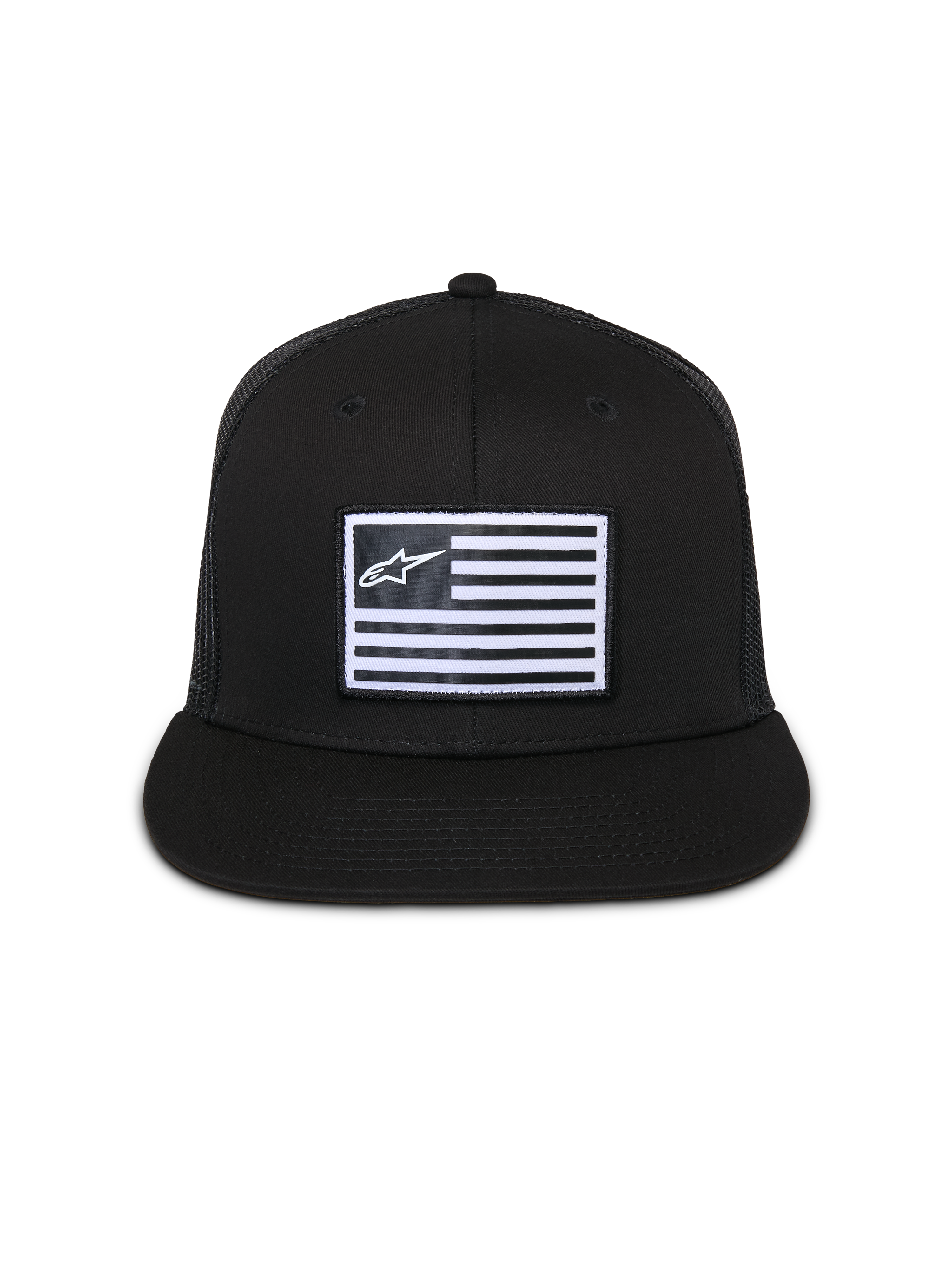 Alpinestars Flag Flat Trucker Hat, Black, flat-brim cap with structured crown, central rectangular patch with white flag and Alpinestars logo, mesh back, casual motorsport-inspired streetwear