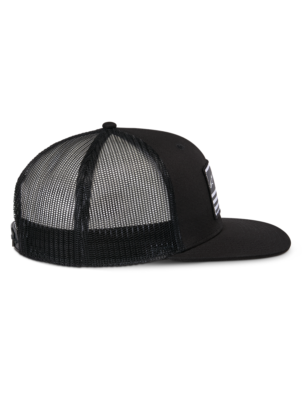 Alpinestars Flag Flat Trucker Hat, Black, side view featuring a flat bill, structured crown, and black polyester mesh back, casual motorsport-inspired headwear