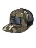 Alpinestars Flag Flat Trucker Hat, green camouflage and black, flat bill trucker cap with breathable mesh back, structured crown featuring a black flag-style logo patch, casual motorsport headwear.