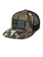 Alpinestars Flag Flat Trucker Hat, green camouflage and black, flat bill trucker cap with breathable mesh back, structured crown featuring a black flag-style logo patch, casual motorsport headwear.