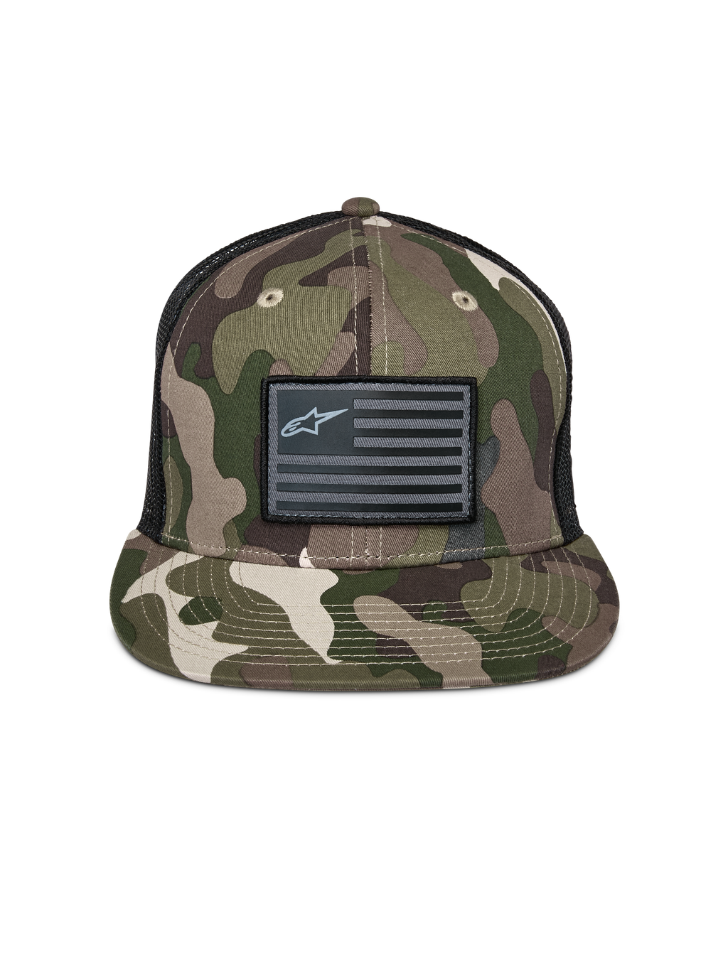 Alpinestars Flag Flat Trucker Hat, Green Camo and Black, flat bill with structured crown, black flag patch with Alpinestars logo, mesh back, casual motorsport-inspired headwear