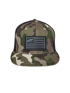 Alpinestars Flag Flat Trucker Hat, Green Camo and Black, flat bill with structured crown, black flag patch with Alpinestars logo, mesh back, casual motorsport-inspired headwear