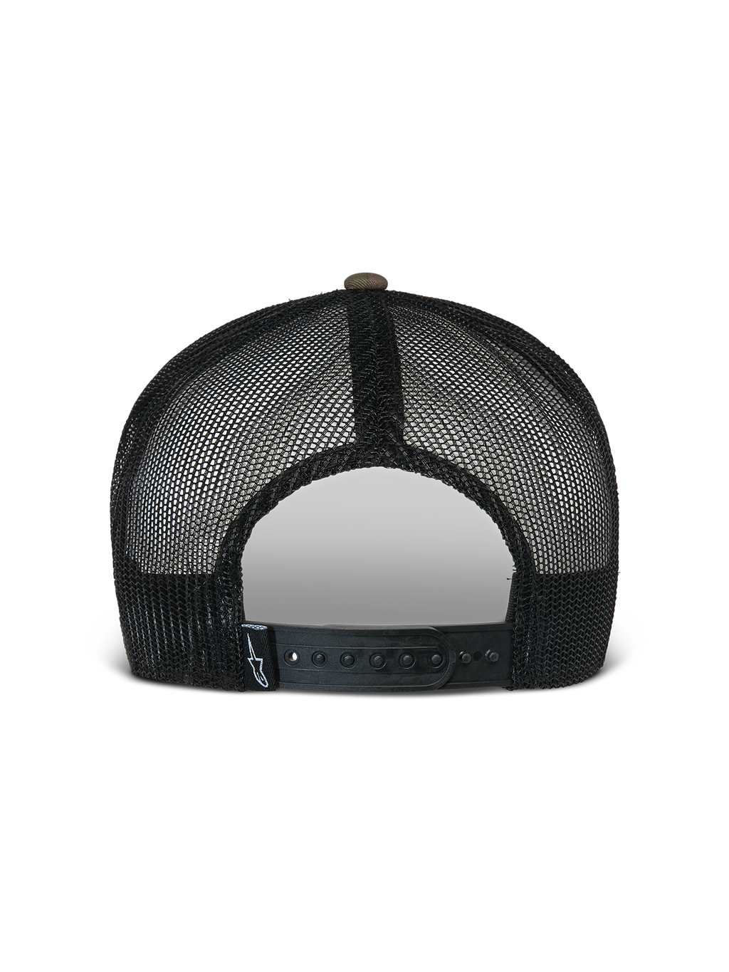 Alpinestars Flag Flat Trucker Hat, Green Camo and Black, back view featuring breathable black mesh panels and an adjustable snapback closure with a small logo label, casual motorsport-inspired headwear