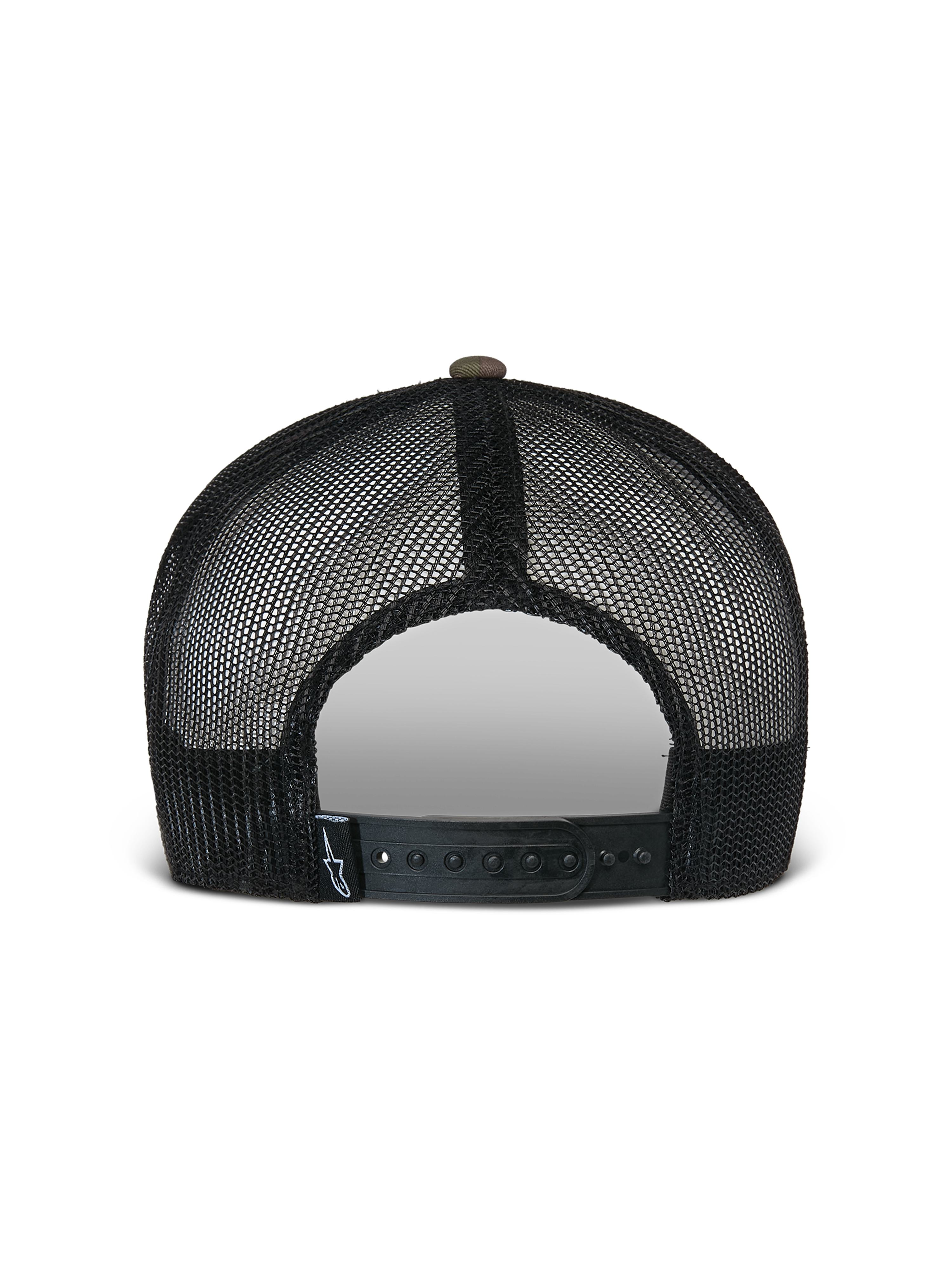 Alpinestars Flag Flat Trucker Hat, Green Camo and Black, back view featuring breathable black mesh panels and an adjustable snapback closure with a small logo label, casual motorsport-inspired headwear