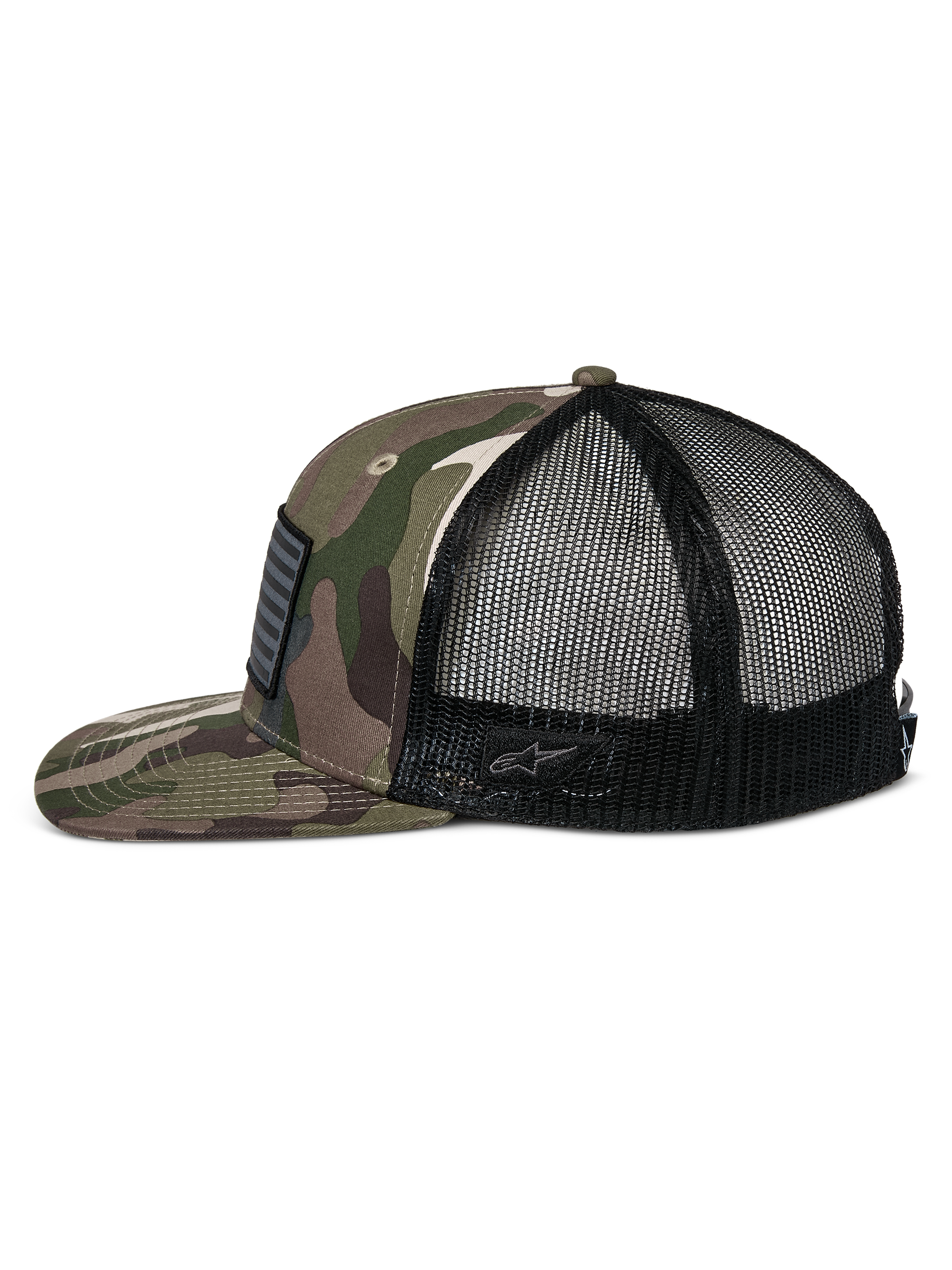 Alpinestars Flag Flat Trucker Hat, Green Camo and Black, flat bill and structured crown, camouflage twill front with black mesh back, side view showing merrow flag patch and embroidered logo, casual motorsport-inspired streetwear