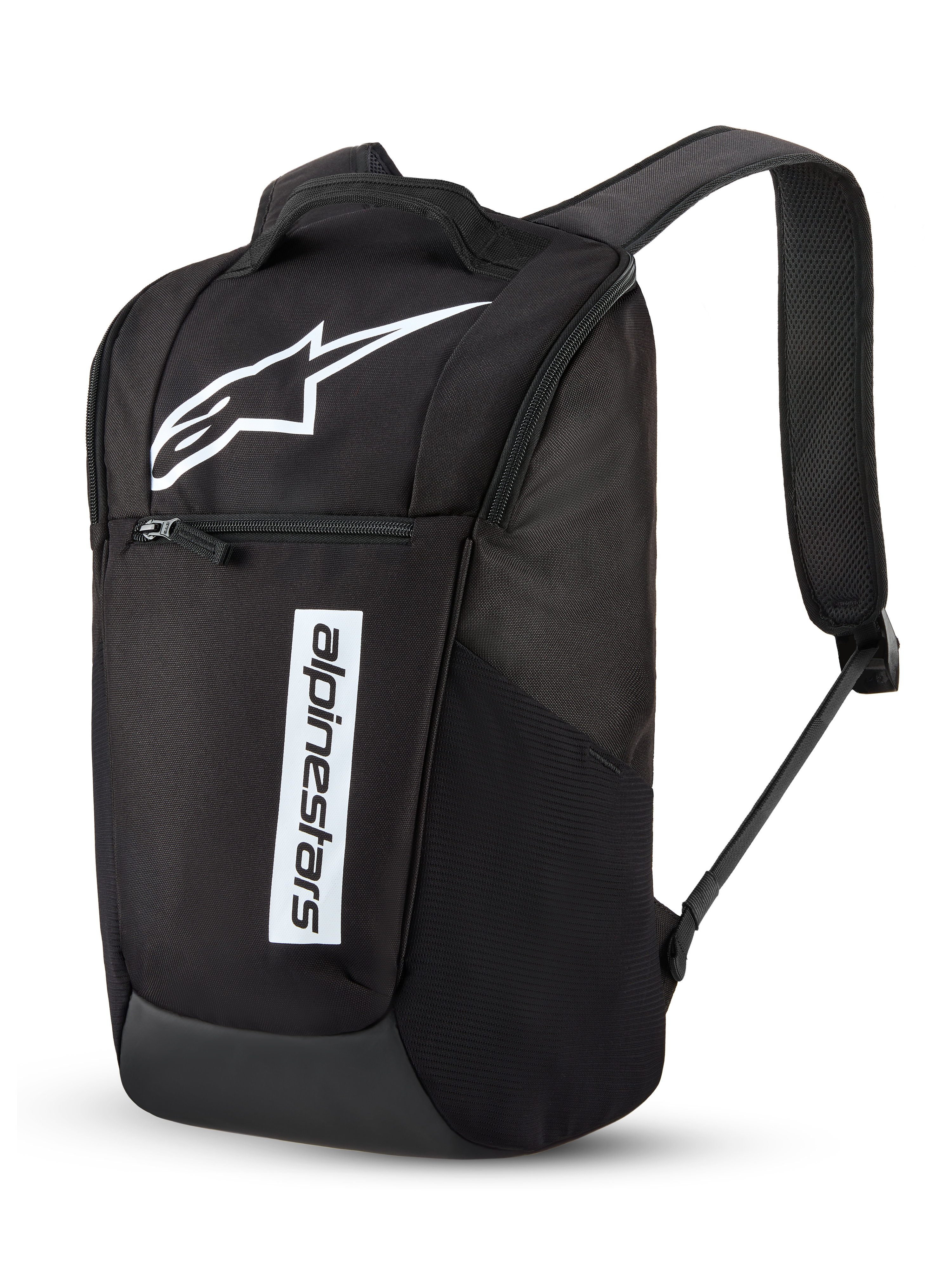 Alpinestars Defcon V3 Backpack, Daily Backpack, Black and White, featuring a large white Astar logo and vertical Alpinestars wordmark, front zippered pocket, padded air-mesh shoulder straps, durable 600D polyester, casual motorsport-inspired design