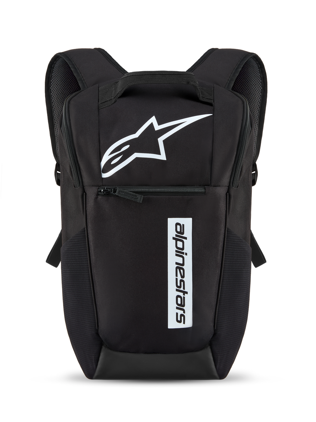 Alpinestars Defcon V3 Backpack, Black and White, small daily backpack featuring white star logo and vertical wordmark branding, front zipper pocket, padded shoulder straps, durable 600D polyester material
