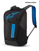 Alpinestars Defcon V3 Backpack, small daily backpack, Black and Blue, featuring a bright blue star logo and vertical text branding, front zipper pocket, and blue air mesh padded shoulder straps, durable sportswear design