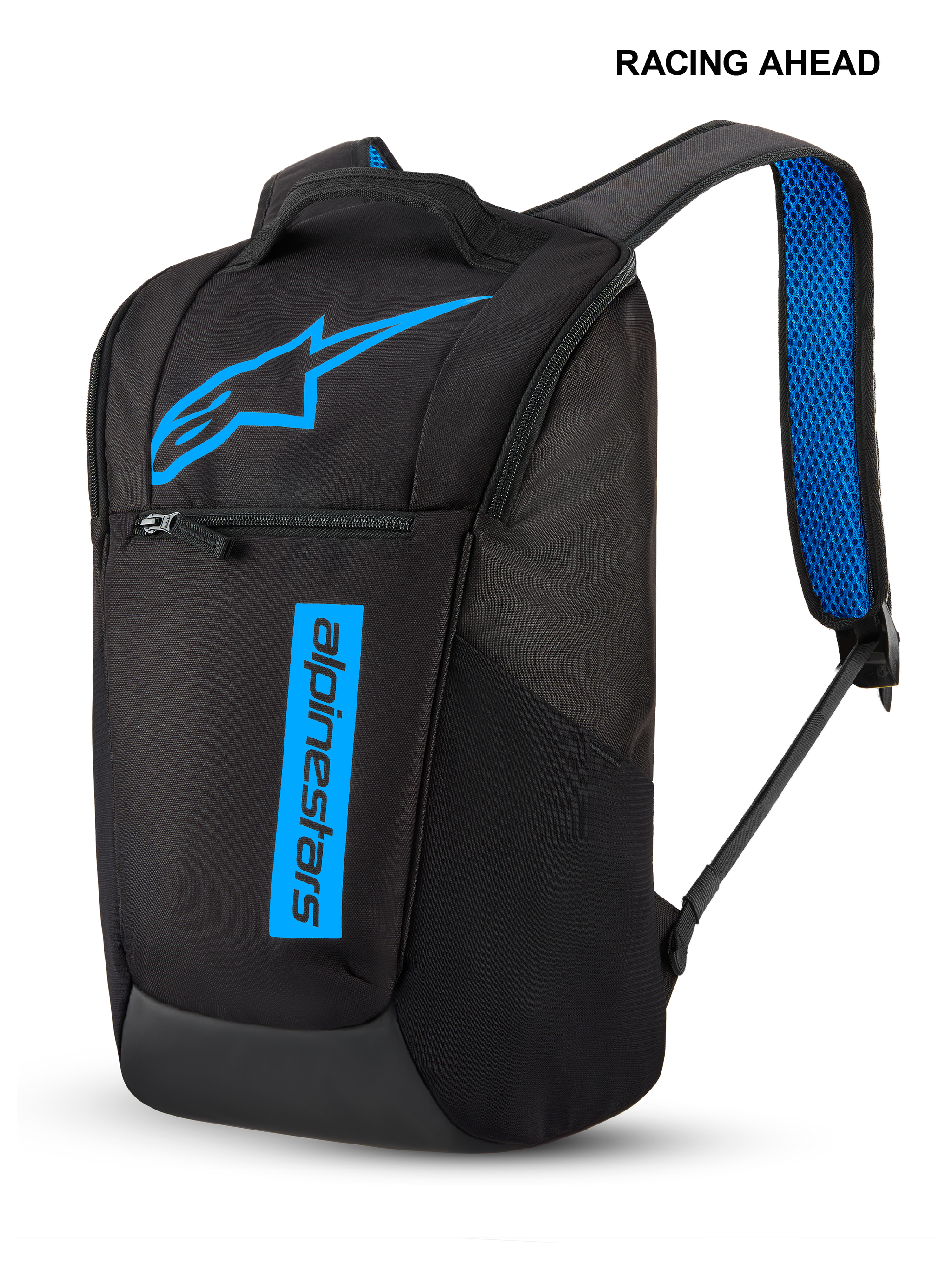 Alpinestars Defcon V3 Backpack, small daily backpack, Black and Blue, featuring a bright blue star logo and vertical text branding, front zipper pocket, and blue air mesh padded shoulder straps, durable sportswear design