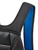 Alpinestars Defcon V3 Backpack, Black and Blue, close-up view of the padded shoulder strap featuring vibrant blue air mesh lining and the open main compartment, durable textile construction for daily casual use.