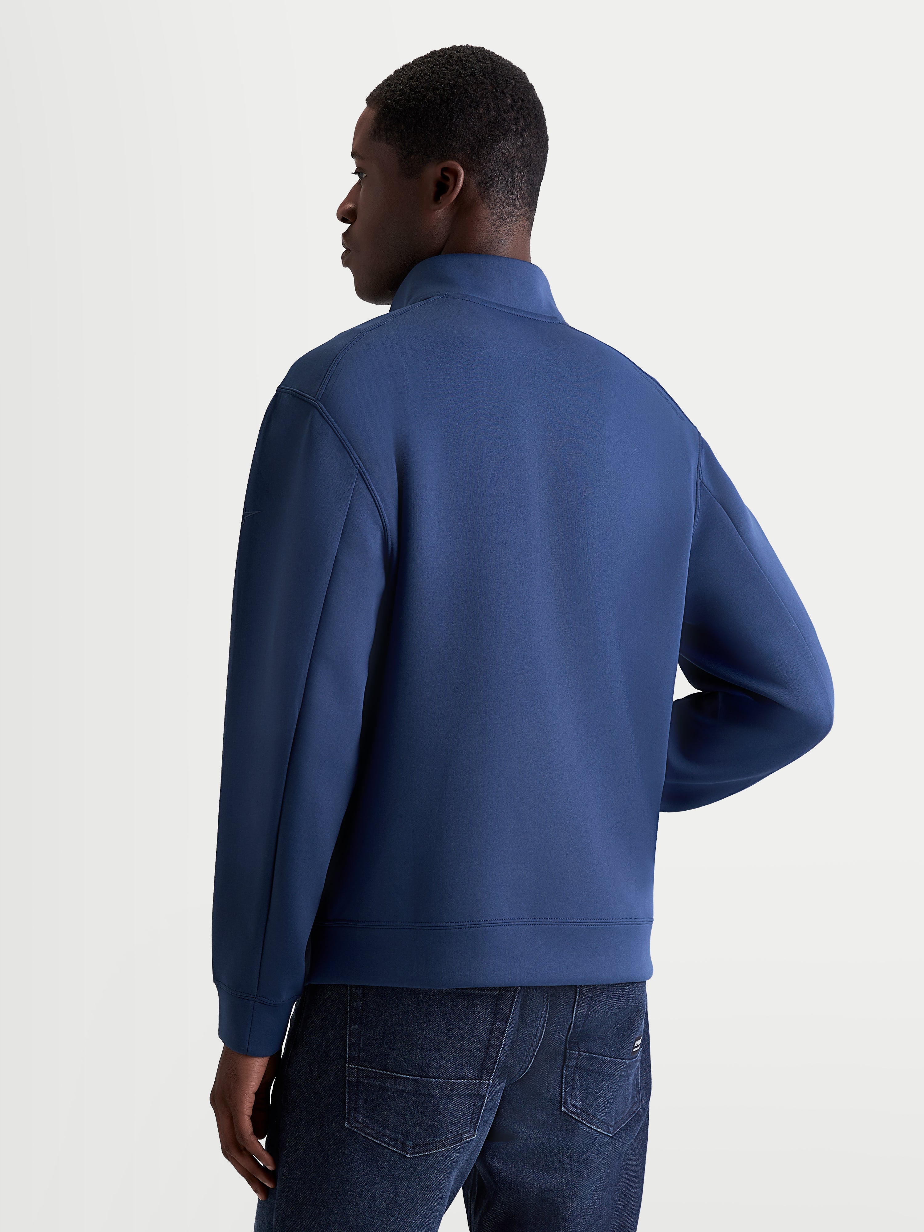 Alpinestars Apera Half-Zip Sweatshirt, Men's Sportswear Pullover, Steel Blue, tri-blend double-face fleece construction, back view on model showing refined sleeve seaming and clean motorsport-inspired design.