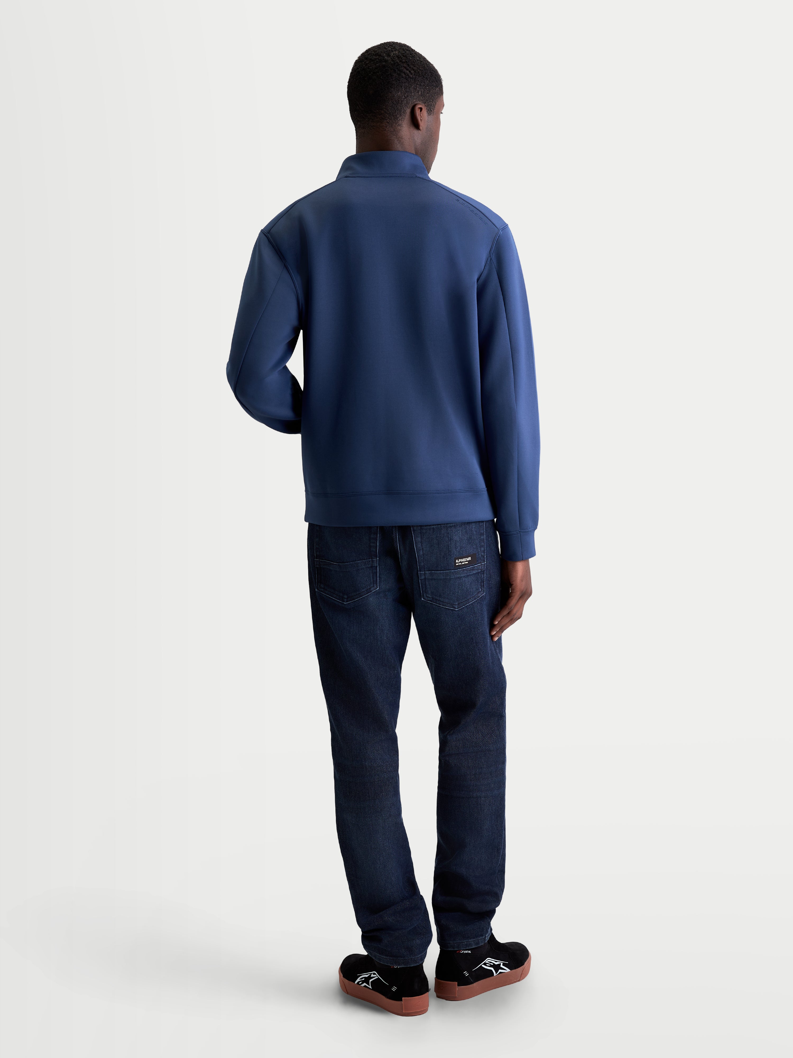 Alpinestars Apera Half-Zip Sweatshirt, Men's Sportswear Pullover, Steel Blue, Back View on Model, Tri-Blend Fleece with refined sleeve seaming and tonal branding for a casual motorsport-inspired look.