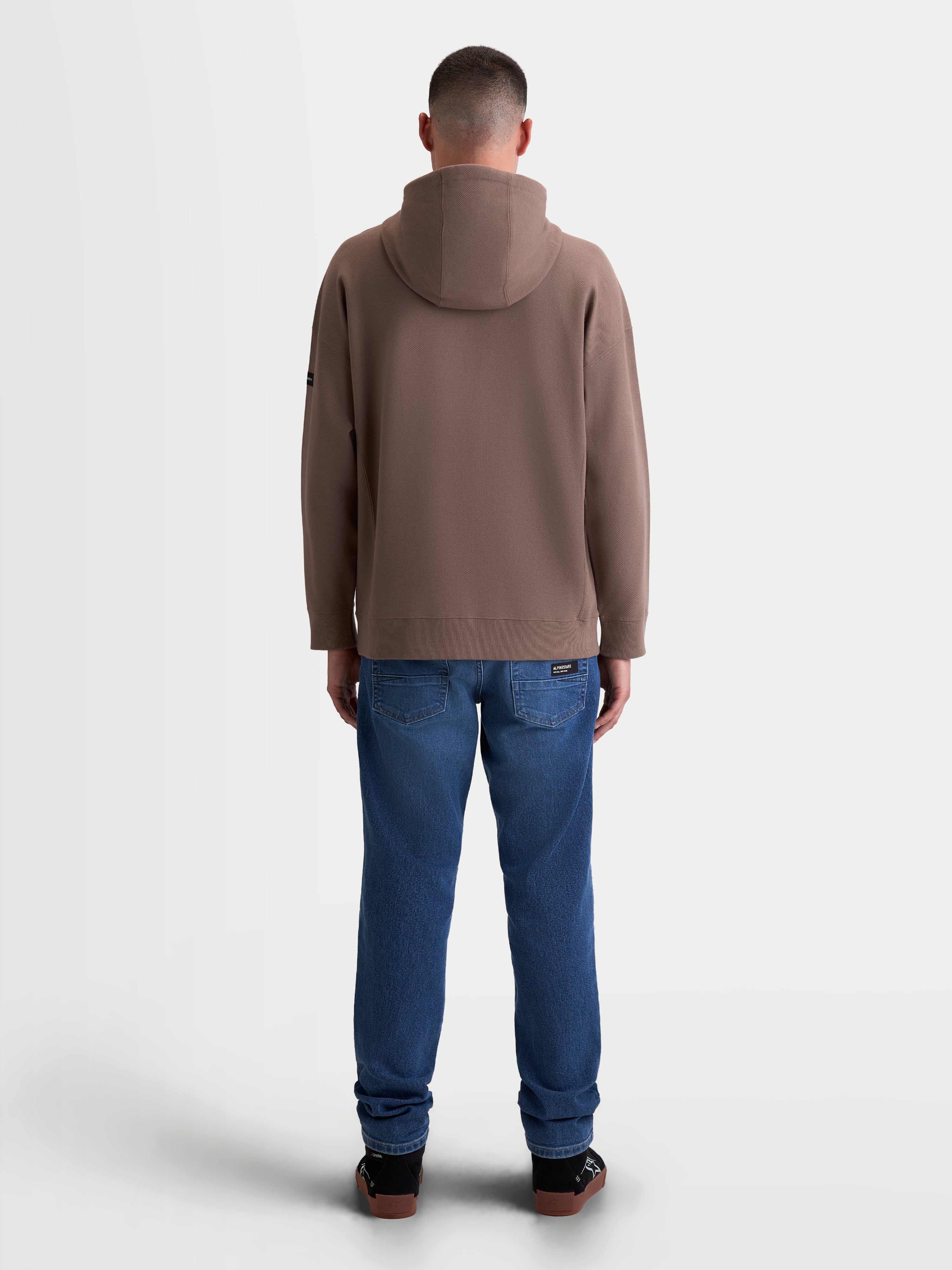 Alpinestars Camino Textured Oversized Hoodie, Men's Sportswear Casual Pullover, Brown Taupe, Back View on Model, Textured Knit Twill Fleece construction with ribbed cuffs and hem.