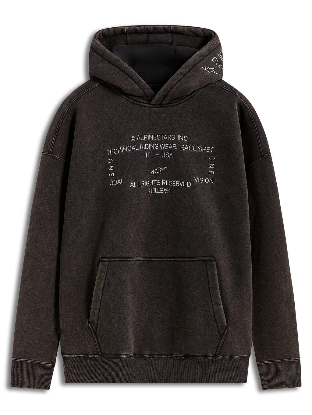 Alpinestars Infinite Washed Oversized Hoodie, Washed Black snow-wash fleece with embroidered logos and kangaroo pocket.