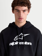 Alpinestars Prelude Oversized Hoodie, Sportswear Fleece Pullover, Black and White, featuring a bold puff-print chest logo, self-lined hood with flat drawcords, and a relaxed oversized fit for casual everyday comfort.