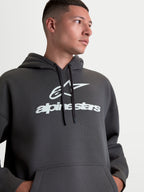 Alpinestars Prelude Oversized Hoodie, Unisex Casual Sportswear Fleece Pullover, Charcoal Gray with White Puff-Print Chest Logo, features a relaxed oversized fit, kangaroo pocket, and self-lined hood.