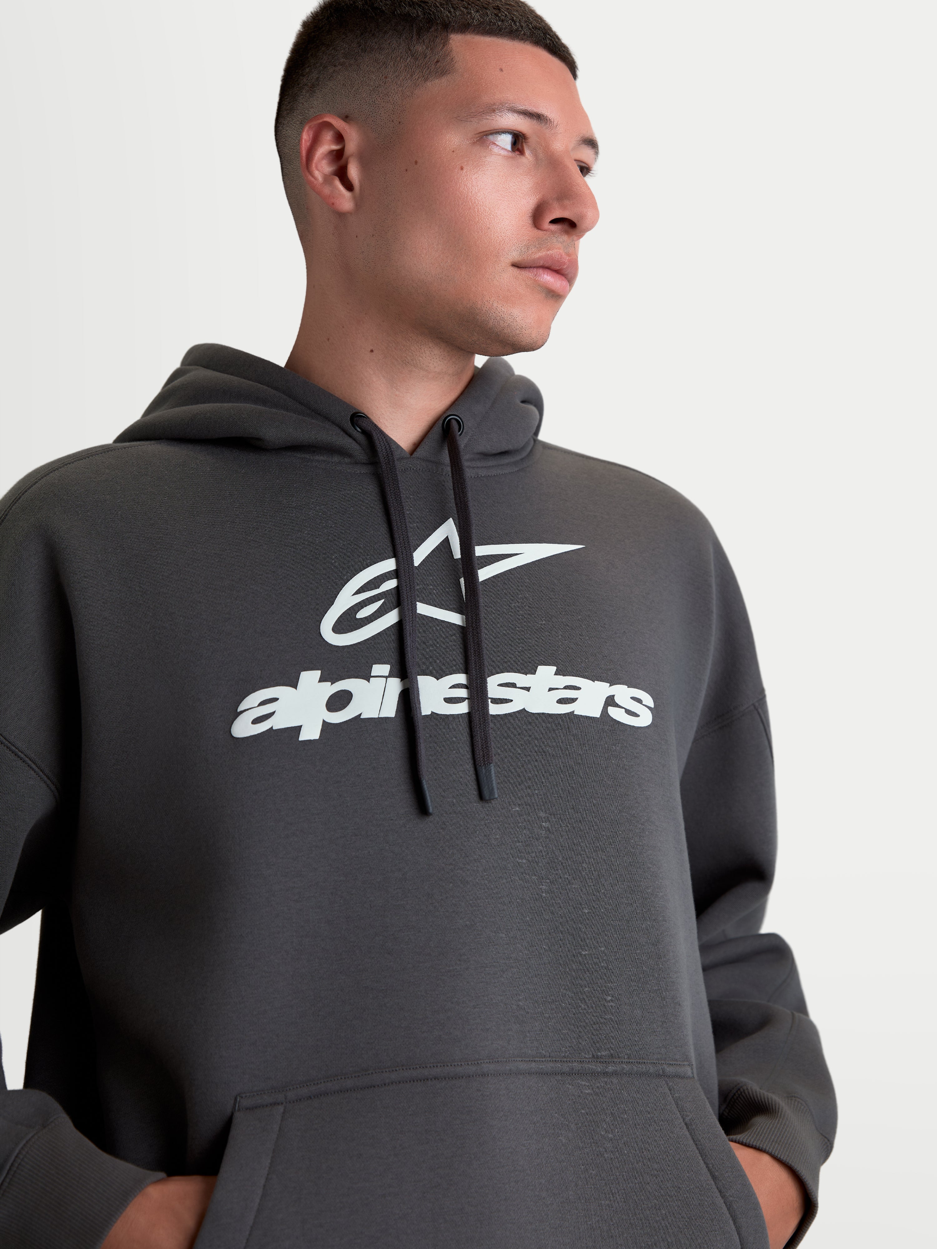 Alpinestars Prelude Oversized Hoodie, Unisex Casual Sportswear Fleece Pullover, Charcoal Gray with White Puff-Print Chest Logo, features a relaxed oversized fit, kangaroo pocket, and self-lined hood.
