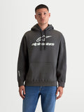 Alpinestars Prelude Oversized Hoodie, Men's Sportswear Fleece Pullover, Charcoal Gray and White, Cotton and Recycled Polyester, features a relaxed oversized fit, kangaroo pocket, and bold puff-print logos on chest and sleeve.