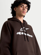 Alpinestars Prelude Oversized Hoodie, Brown Sportswear Fleece Pullover for Men and Women, featuring a white puff-print logo, relaxed fit, and self-lined hood with drawstrings.