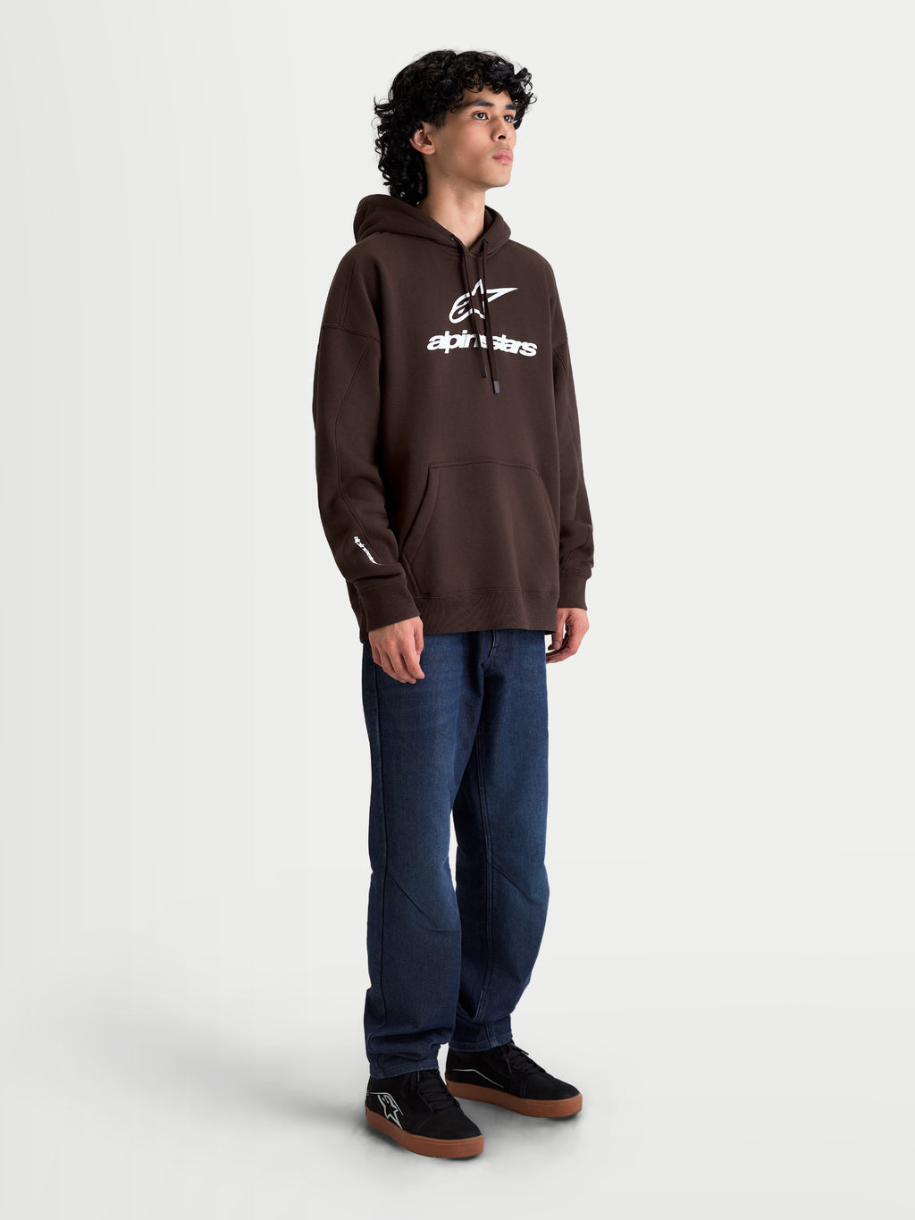 Alpinestars Prelude Oversized Hoodie, Brown and White Sportswear Fleece Pullover, Men's and Women's Relaxed Fit, featuring bold puff-print logos, kangaroo pocket, and premium cotton-rich construction.