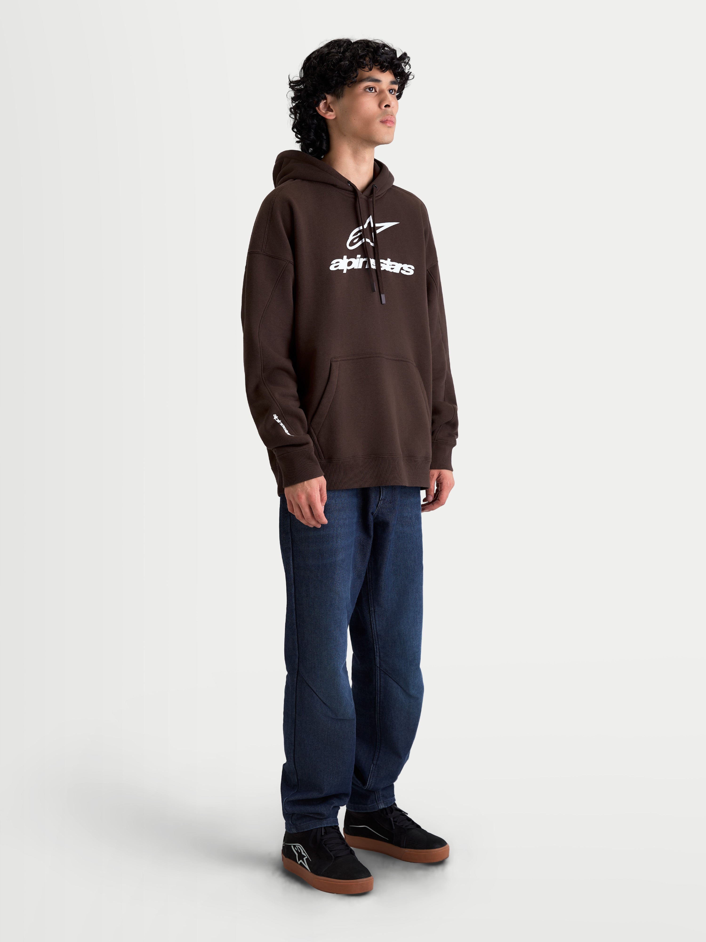 Alpinestars Prelude Oversized Hoodie, Brown and White Sportswear Fleece Pullover, Men's and Women's Relaxed Fit, featuring bold puff-print logos, kangaroo pocket, and premium cotton-rich construction.