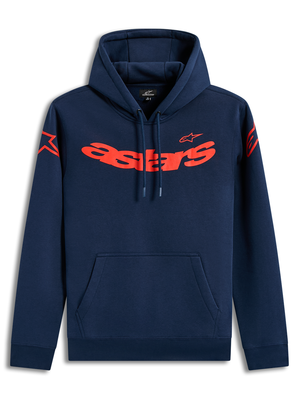 Alpinestars Velocifier Hoodie, navy blue and red sportswear fleece with curved branding and shoulder logos.