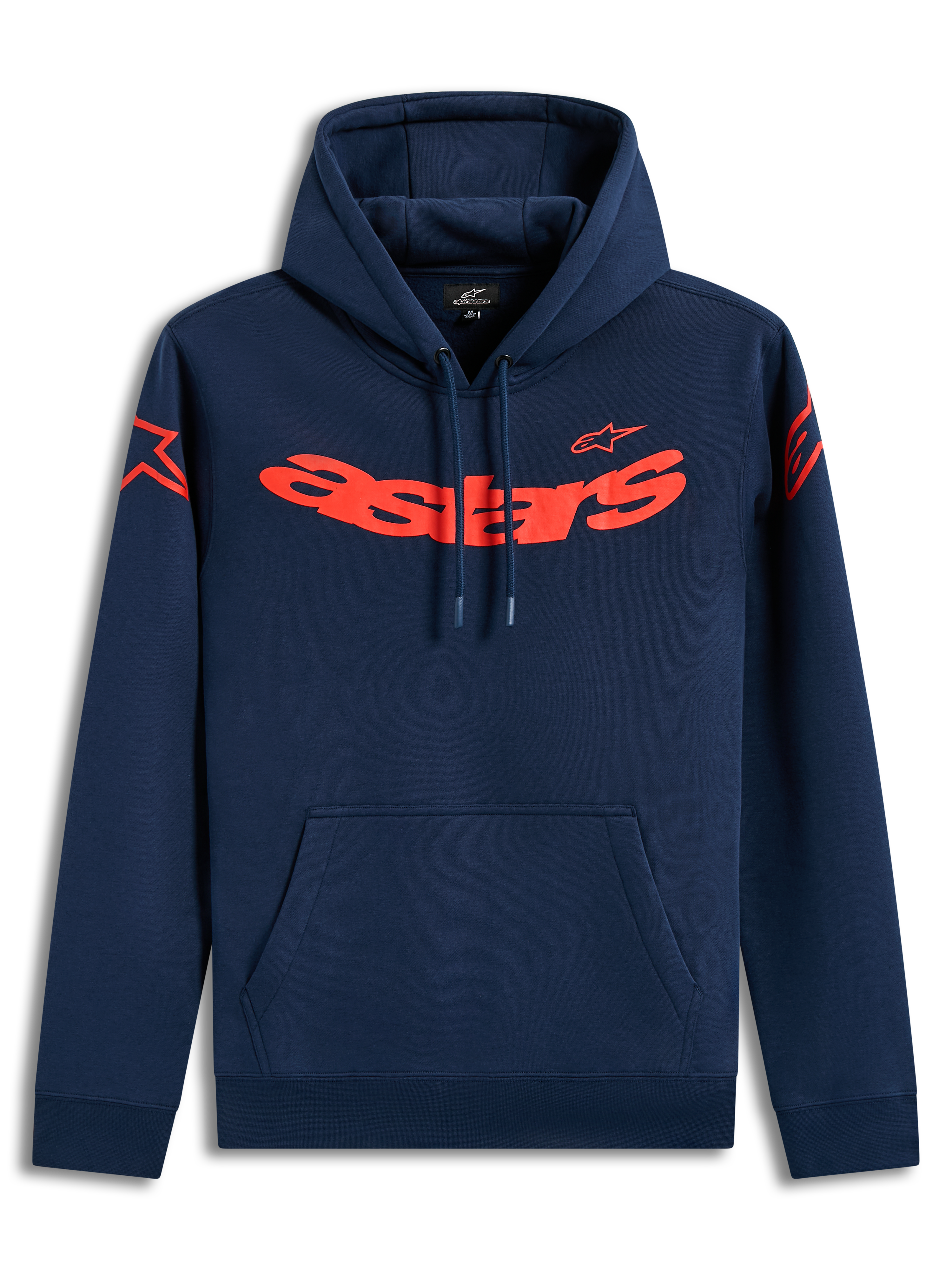Alpinestars Velocifier Hoodie, navy blue and red sportswear fleece with curved branding and shoulder logos.