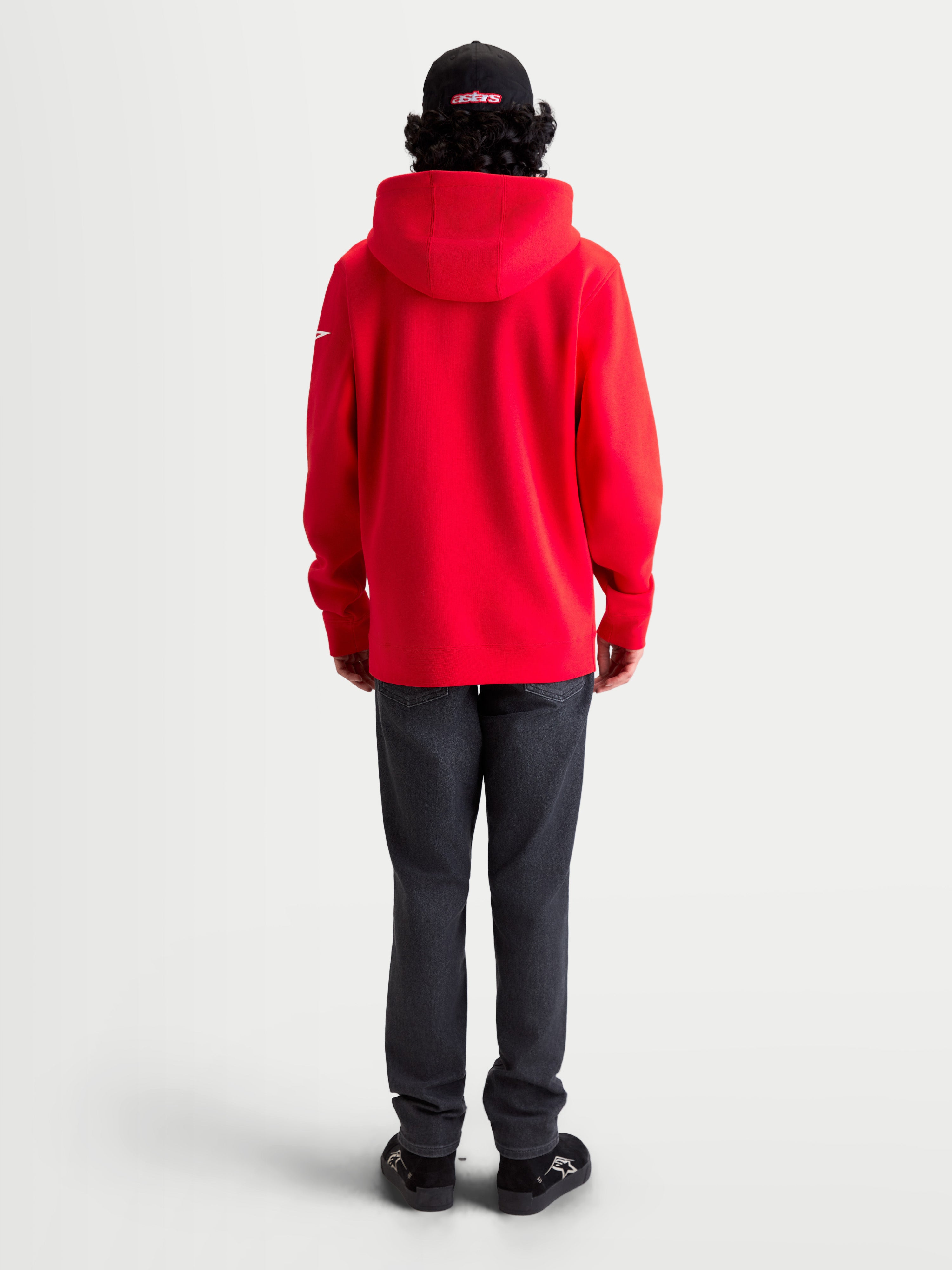 Alpinestars Race Wordmark Hoodie, Red Sportswear Pullover Fleece with White Accents, Rear View on Model featuring a Self-Lined Hood and Ageless Sleeve Logo, Casual Motorsport Apparel
