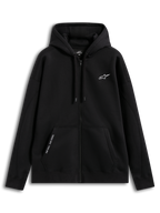 Alpinestars Pioneer Oversized Hoodie, Sportswear Zip Fleece for Men and Women, Black, features a relaxed fit with a Vislon front zipper, kangaroo pocket with embroidered 'ONE GOAL. ONE VISION.' text, self-lined hood with drawcords, and embroidered chest logo, 80% cotton and 20% recycled polyester construction.