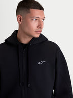 Alpinestars Pioneer Oversized Hoodie, Sportswear Zip-Up Fleece for Men and Women, Black with White Embroidered Logo, featuring a Relaxed Fit, Vislon Zipper, and Self-Lined Hood, Premium Cotton and Recycled Polyester Construction